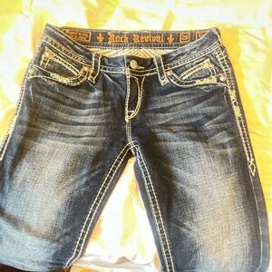 Rock Revival Women's Dark Blue Jeans with White Stitching